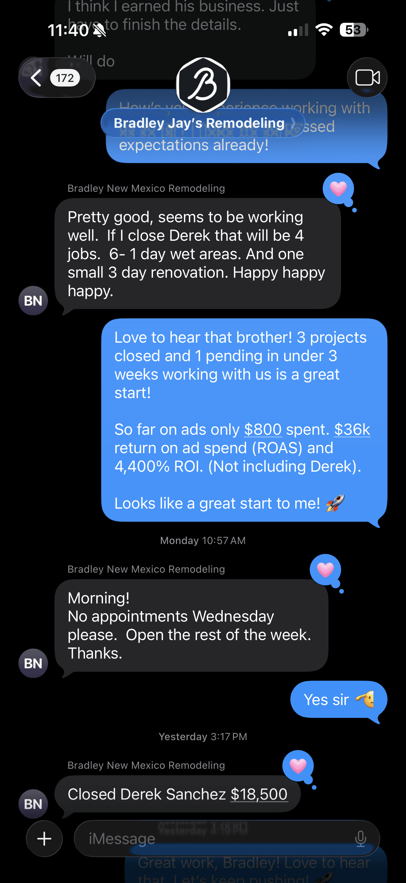 iMessage conversation reporting booked remodeling projects and ad spend results