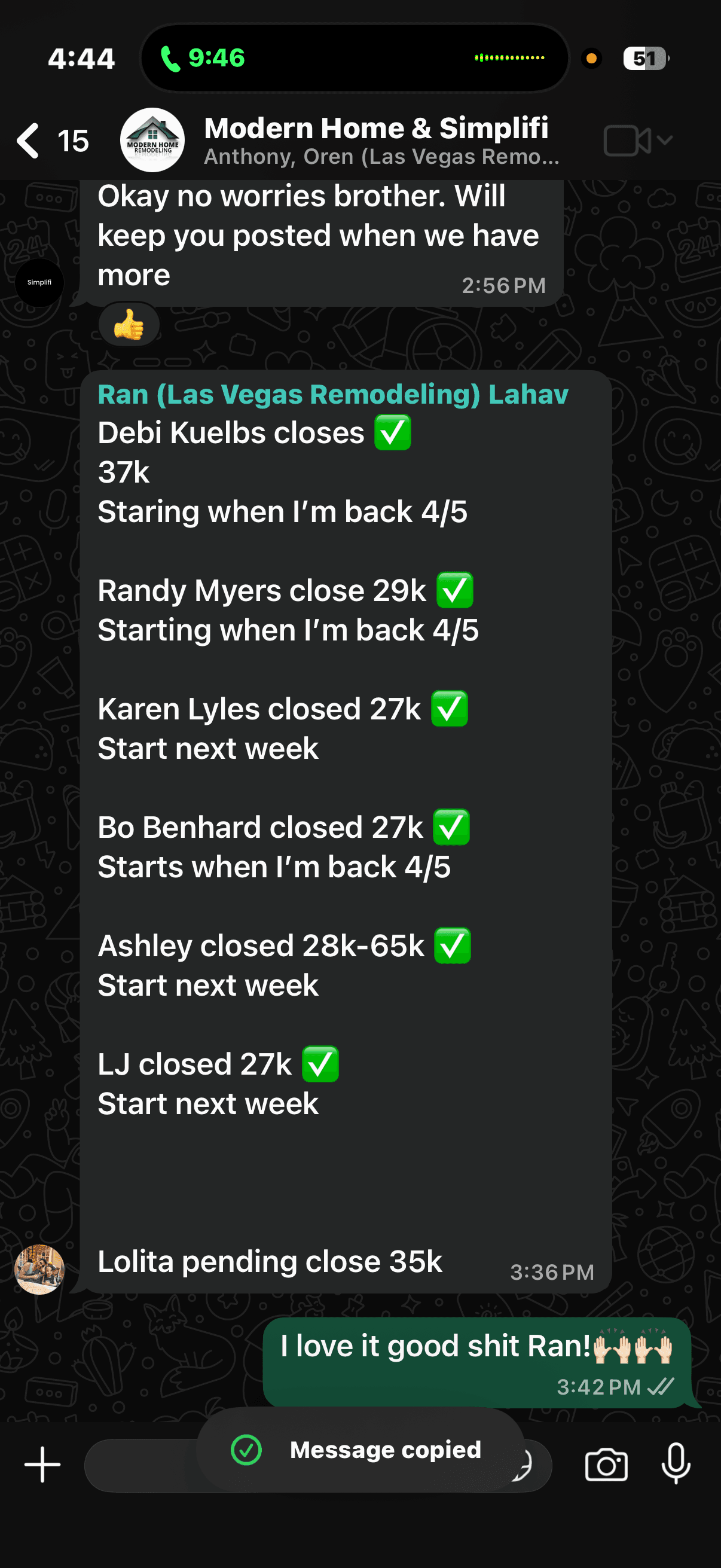 WhatsApp conversation showing remodeling sales updates and closed projects