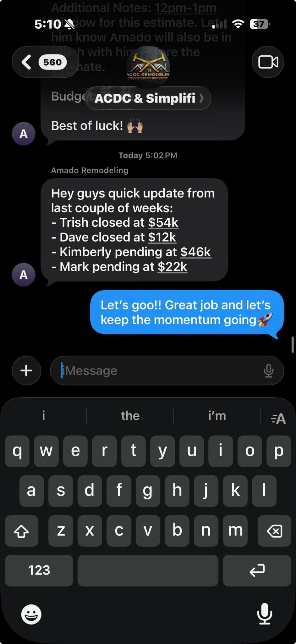 Text message conversation showing remodeling revenue and project updates